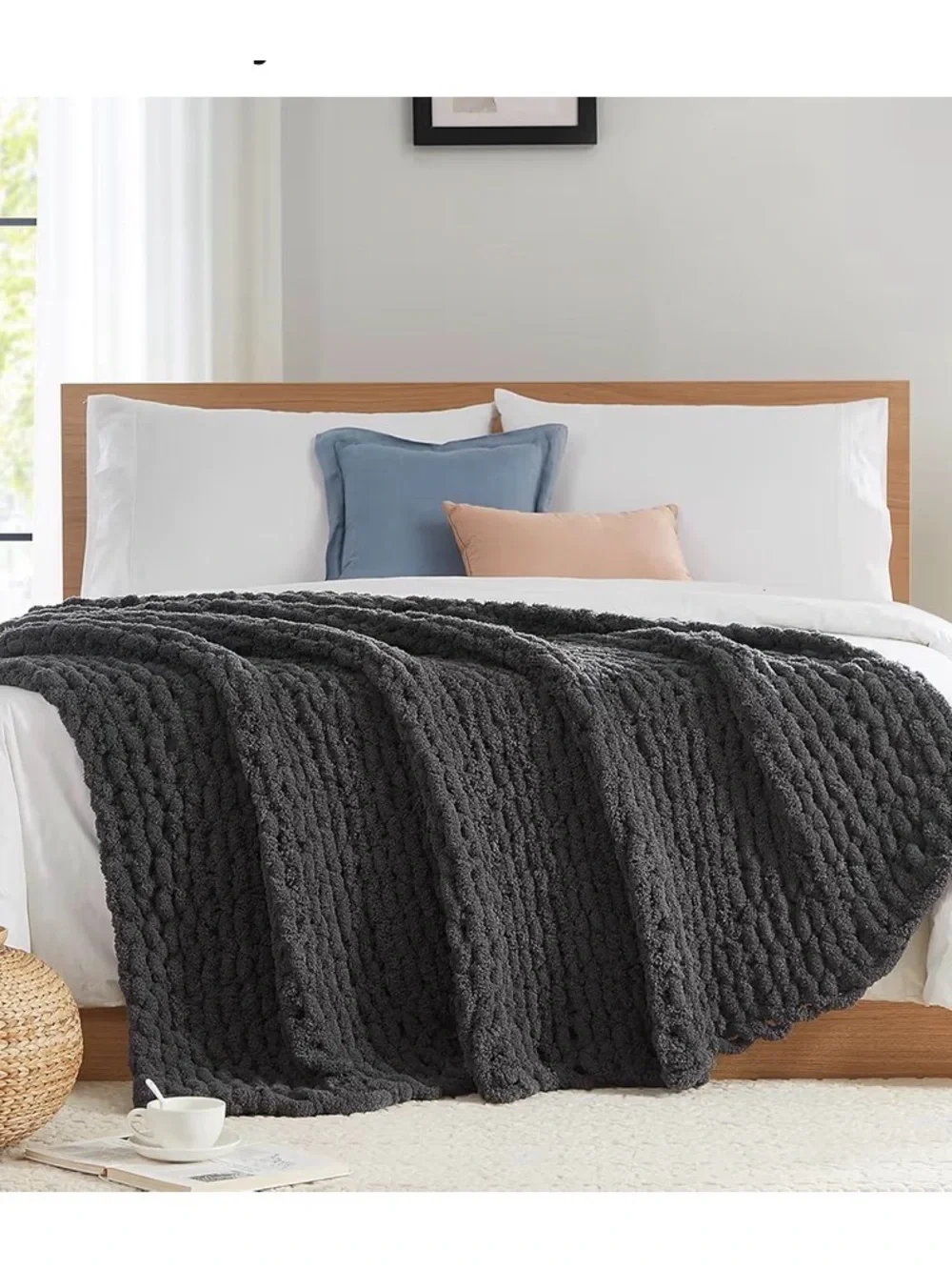 Chunky Cable Knit Throw Blanket - Dark Gray